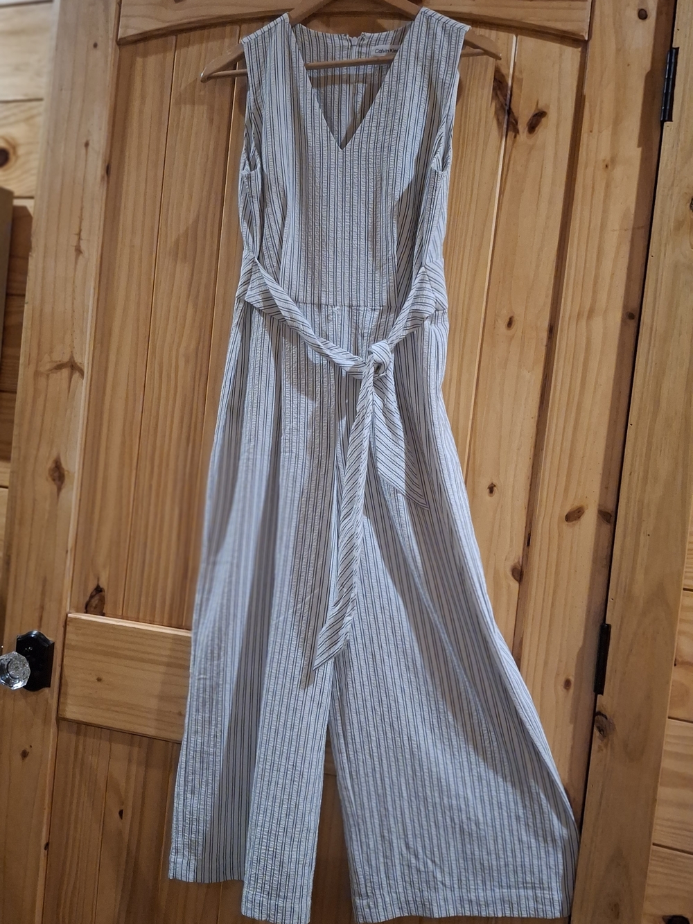 Calvin Klein Striped V-Neck Tie-Waist Cropped Jumpsuit in Beige and White - Picture 4 of 16